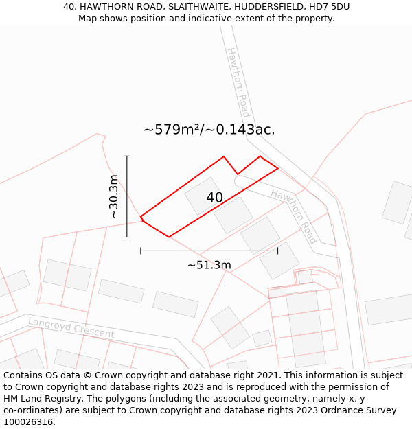 40, HAWTHORN ROAD, SLAITHWAITE, HUDDERSFIELD, HD7 5DU: Plot and title map