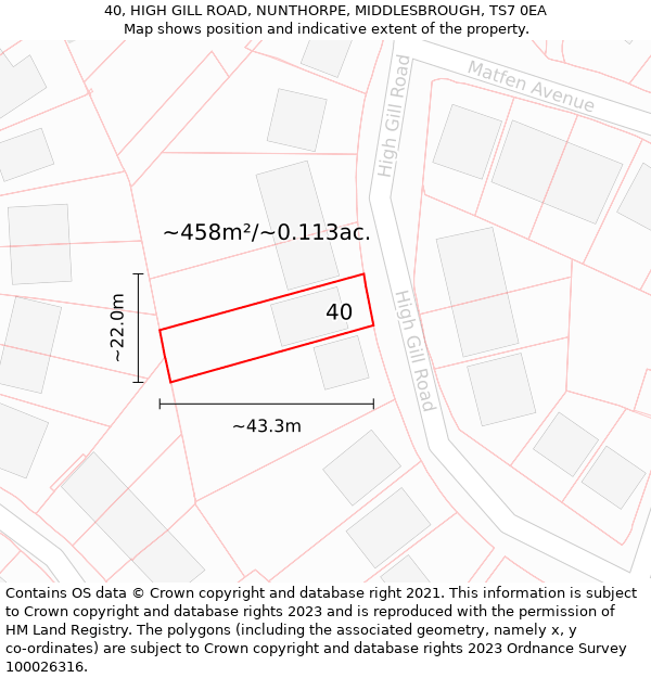 40, HIGH GILL ROAD, NUNTHORPE, MIDDLESBROUGH, TS7 0EA: Plot and title map