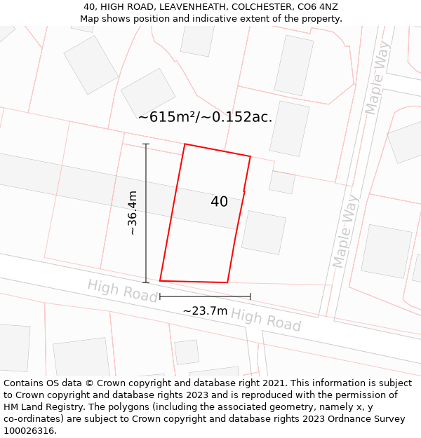 40, HIGH ROAD, LEAVENHEATH, COLCHESTER, CO6 4NZ: Plot and title map