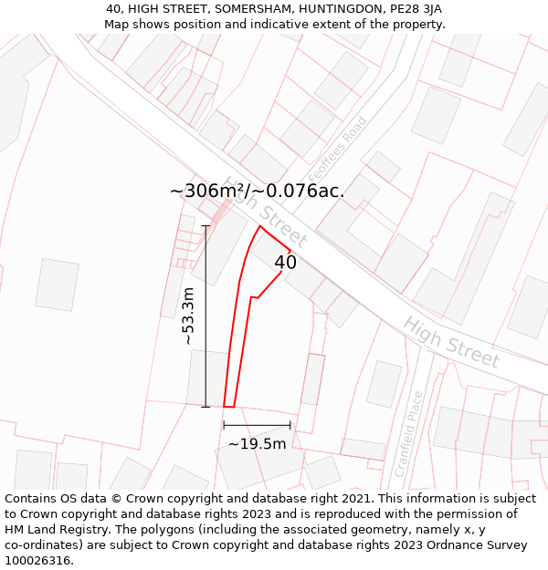 40, HIGH STREET, SOMERSHAM, HUNTINGDON, PE28 3JA: Plot and title map