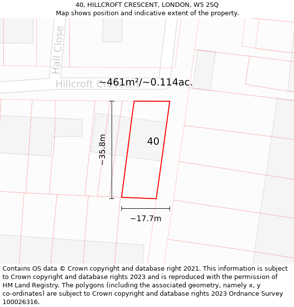 40, HILLCROFT CRESCENT, LONDON, W5 2SQ: Plot and title map