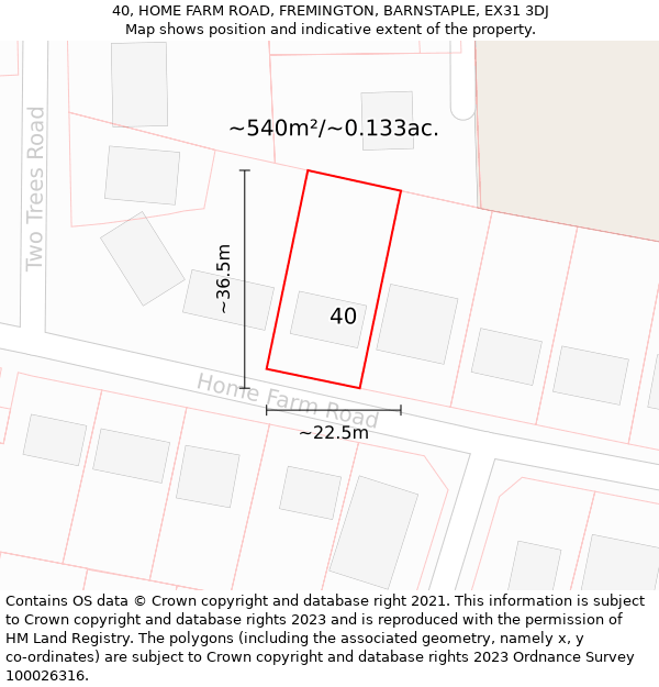 40, HOME FARM ROAD, FREMINGTON, BARNSTAPLE, EX31 3DJ: Plot and title map