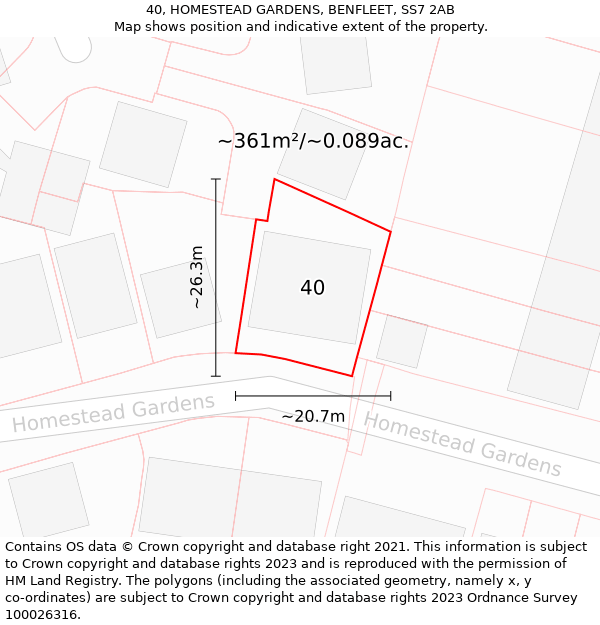 40, HOMESTEAD GARDENS, BENFLEET, SS7 2AB: Plot and title map