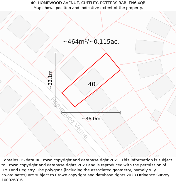 40, HOMEWOOD AVENUE, CUFFLEY, POTTERS BAR, EN6 4QR: Plot and title map