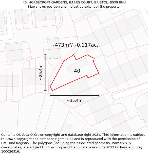 40, HORSECROFT GARDENS, BARRS COURT, BRISTOL, BS30 8HU: Plot and title map