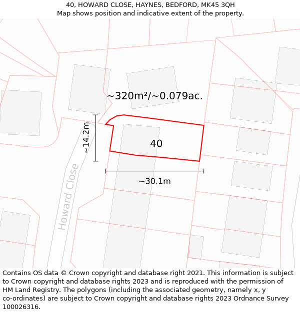 40, HOWARD CLOSE, HAYNES, BEDFORD, MK45 3QH: Plot and title map