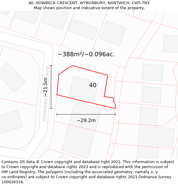 40, HOWBECK CRESCENT, WYBUNBURY, NANTWICH, CW5 7NX: Plot and title map