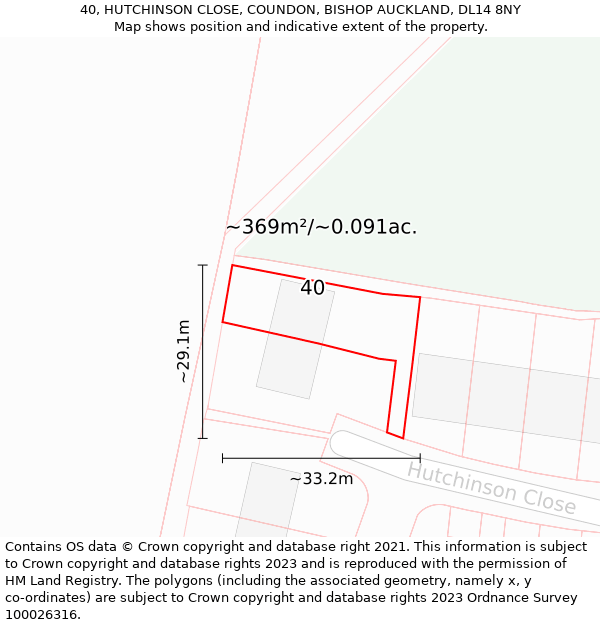 40, HUTCHINSON CLOSE, COUNDON, BISHOP AUCKLAND, DL14 8NY: Plot and title map