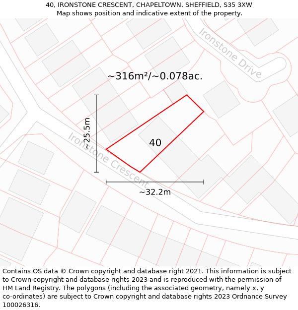 40, IRONSTONE CRESCENT, CHAPELTOWN, SHEFFIELD, S35 3XW: Plot and title map