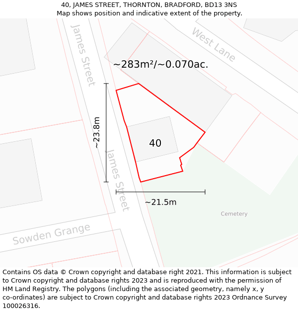 40, JAMES STREET, THORNTON, BRADFORD, BD13 3NS: Plot and title map