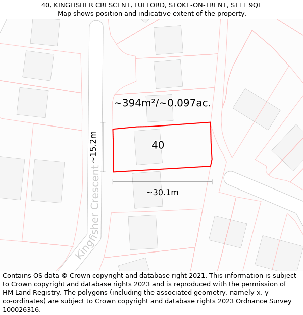 40, KINGFISHER CRESCENT, FULFORD, STOKE-ON-TRENT, ST11 9QE: Plot and title map