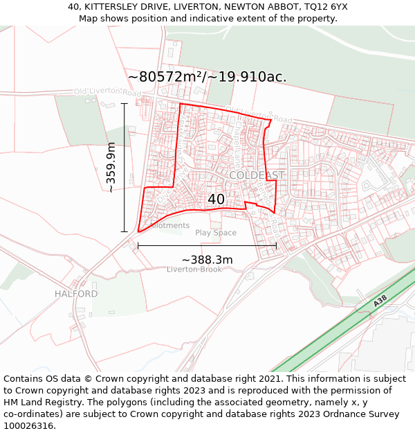 40, KITTERSLEY DRIVE, LIVERTON, NEWTON ABBOT, TQ12 6YX: Plot and title map