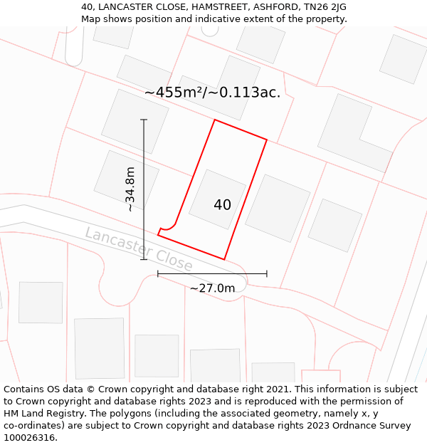 40, LANCASTER CLOSE, HAMSTREET, ASHFORD, TN26 2JG: Plot and title map