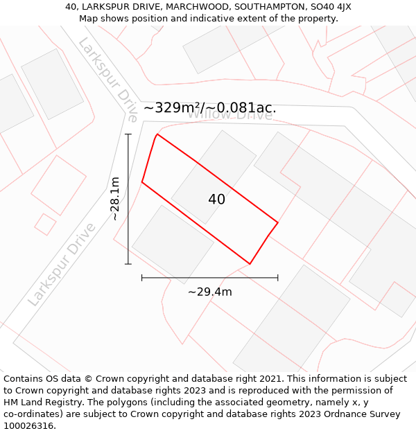 40, LARKSPUR DRIVE, MARCHWOOD, SOUTHAMPTON, SO40 4JX: Plot and title map