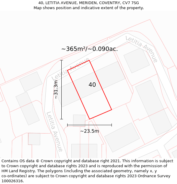 40, LETITIA AVENUE, MERIDEN, COVENTRY, CV7 7SG: Plot and title map