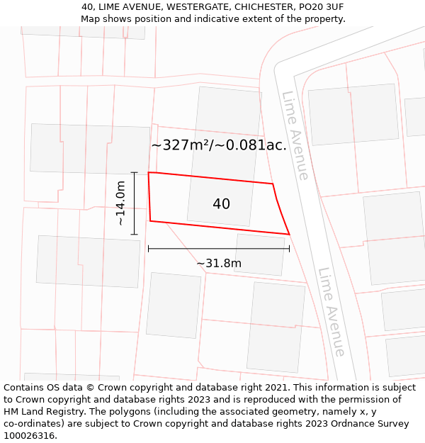 40, LIME AVENUE, WESTERGATE, CHICHESTER, PO20 3UF: Plot and title map