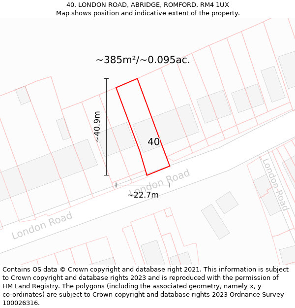 40, LONDON ROAD, ABRIDGE, ROMFORD, RM4 1UX: Plot and title map