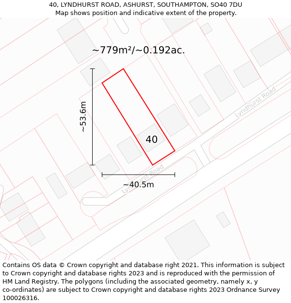 40, LYNDHURST ROAD, ASHURST, SOUTHAMPTON, SO40 7DU: Plot and title map