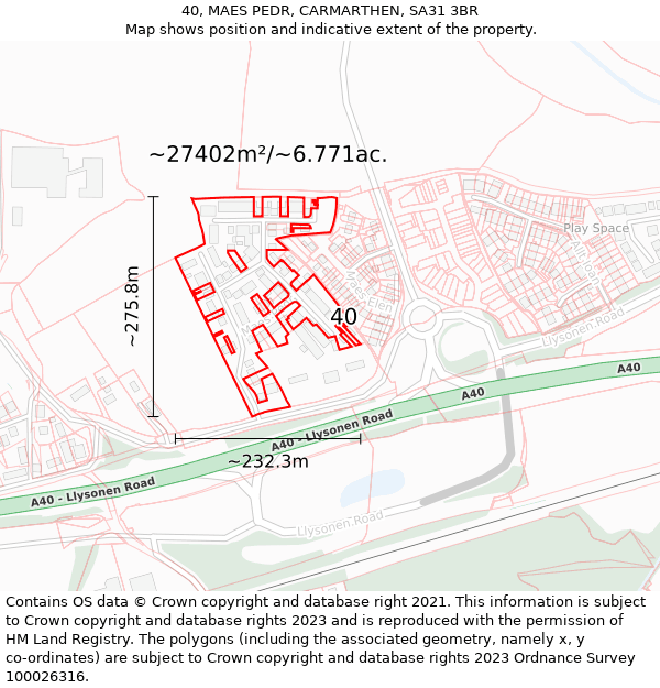 40, MAES PEDR, CARMARTHEN, SA31 3BR: Plot and title map