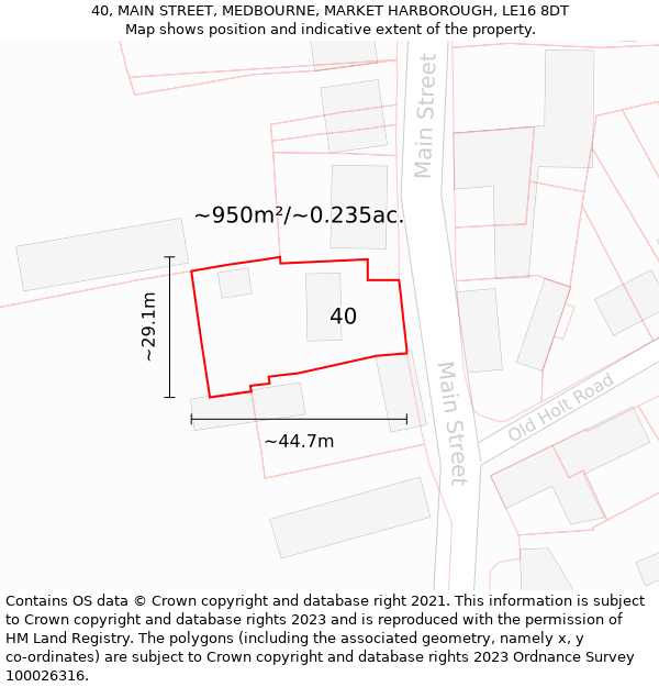 40, MAIN STREET, MEDBOURNE, MARKET HARBOROUGH, LE16 8DT: Plot and title map