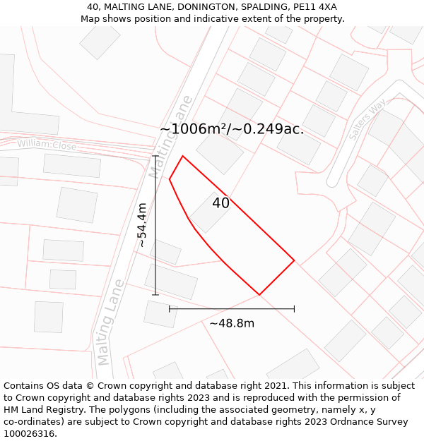 40, MALTING LANE, DONINGTON, SPALDING, PE11 4XA: Plot and title map