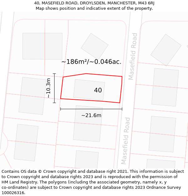 40, MASEFIELD ROAD, DROYLSDEN, MANCHESTER, M43 6RJ: Plot and title map