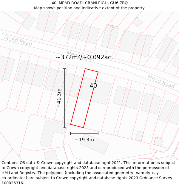 40, MEAD ROAD, CRANLEIGH, GU6 7BQ: Plot and title map