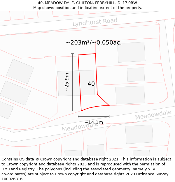 40, MEADOW DALE, CHILTON, FERRYHILL, DL17 0RW: Plot and title map