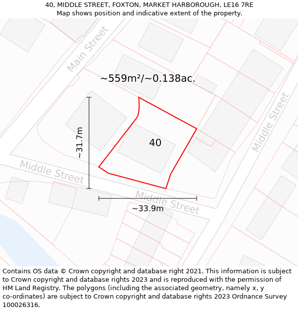 40, MIDDLE STREET, FOXTON, MARKET HARBOROUGH, LE16 7RE: Plot and title map