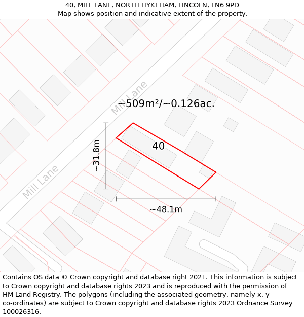 40, MILL LANE, NORTH HYKEHAM, LINCOLN, LN6 9PD: Plot and title map