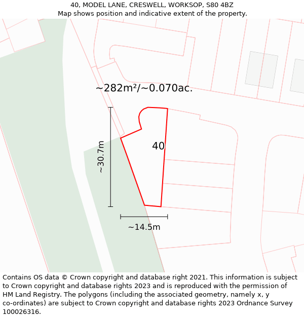 40, MODEL LANE, CRESWELL, WORKSOP, S80 4BZ: Plot and title map