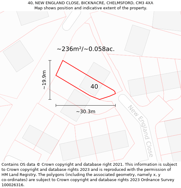 40, NEW ENGLAND CLOSE, BICKNACRE, CHELMSFORD, CM3 4XA: Plot and title map