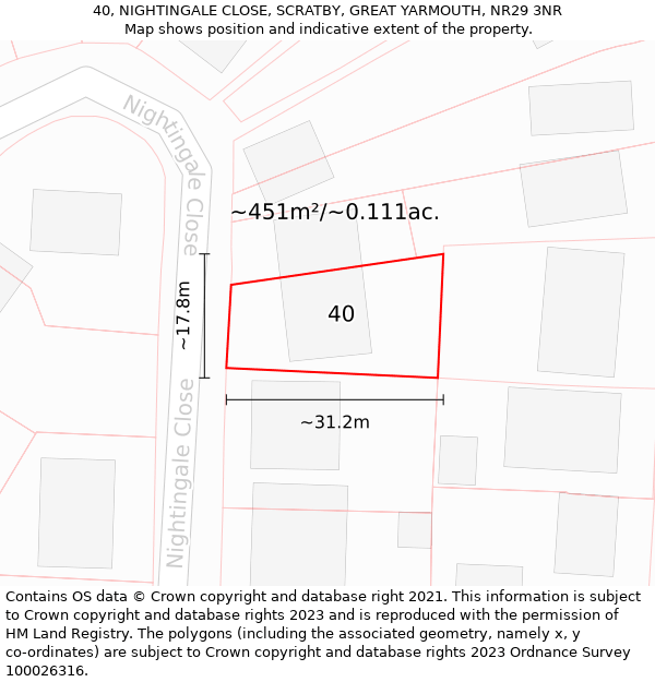 40, NIGHTINGALE CLOSE, SCRATBY, GREAT YARMOUTH, NR29 3NR: Plot and title map