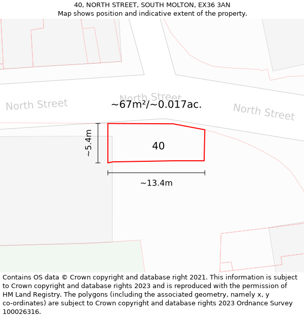 40, NORTH STREET, SOUTH MOLTON, EX36 3AN: Plot and title map