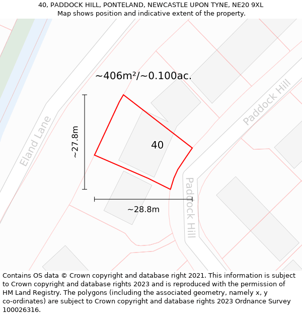 40, PADDOCK HILL, PONTELAND, NEWCASTLE UPON TYNE, NE20 9XL: Plot and title map