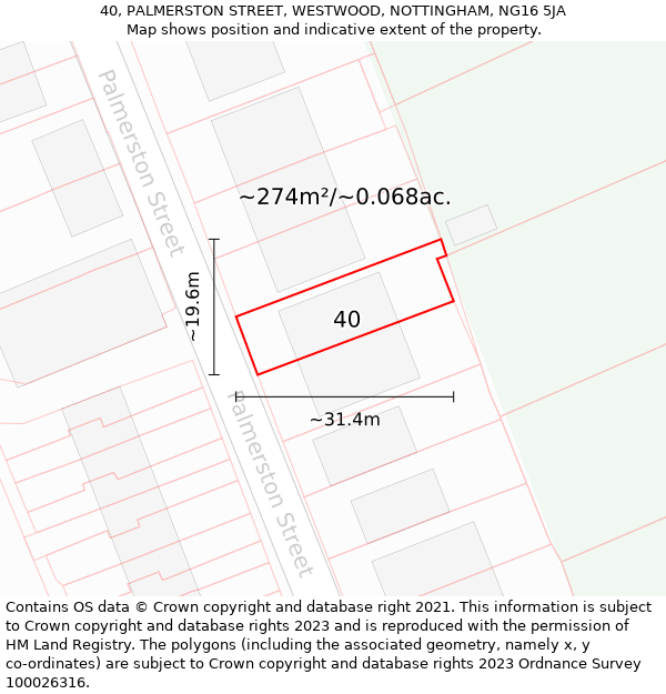 40, PALMERSTON STREET, WESTWOOD, NOTTINGHAM, NG16 5JA: Plot and title map