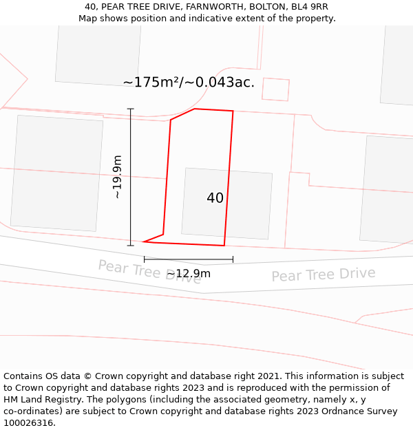 40, PEAR TREE DRIVE, FARNWORTH, BOLTON, BL4 9RR: Plot and title map