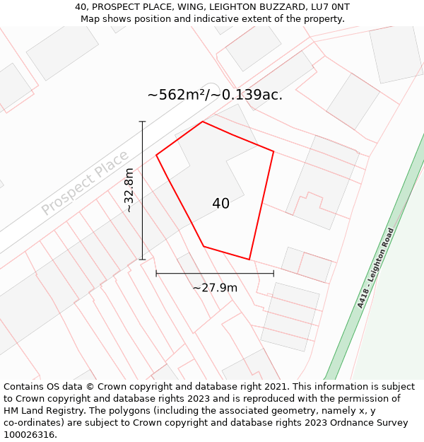 40, PROSPECT PLACE, WING, LEIGHTON BUZZARD, LU7 0NT: Plot and title map