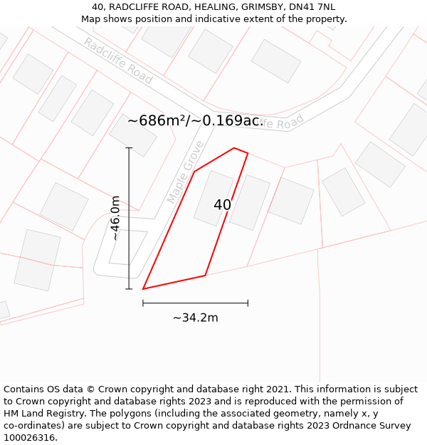 40, RADCLIFFE ROAD, HEALING, GRIMSBY, DN41 7NL: Plot and title map