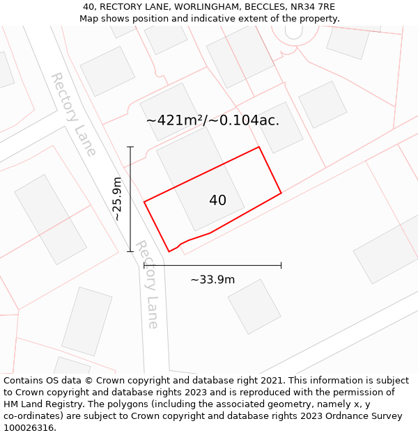 40, RECTORY LANE, WORLINGHAM, BECCLES, NR34 7RE: Plot and title map
