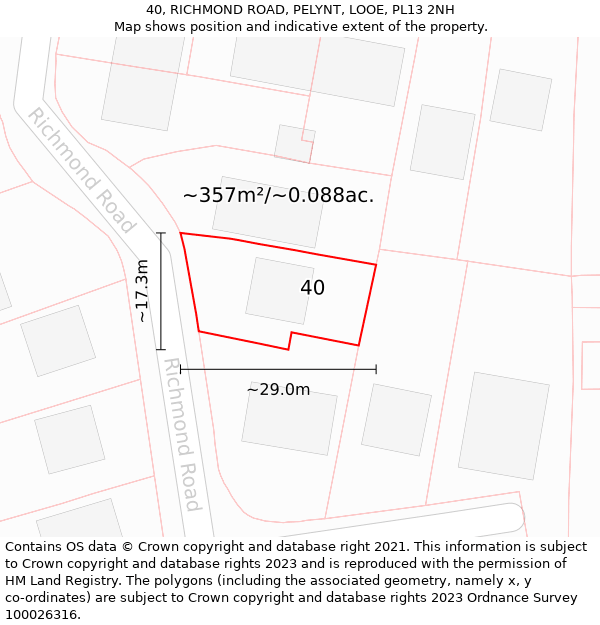 40, RICHMOND ROAD, PELYNT, LOOE, PL13 2NH: Plot and title map