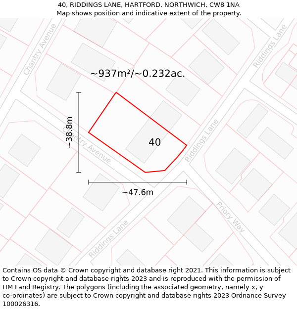 40, RIDDINGS LANE, HARTFORD, NORTHWICH, CW8 1NA: Plot and title map