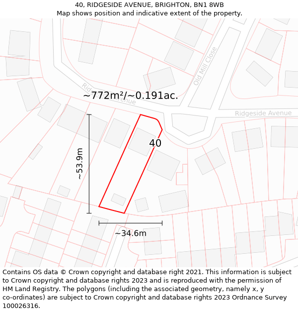 40, RIDGESIDE AVENUE, BRIGHTON, BN1 8WB: Plot and title map