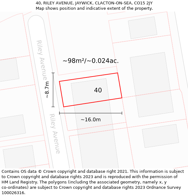 40, RILEY AVENUE, JAYWICK, CLACTON-ON-SEA, CO15 2JY: Plot and title map