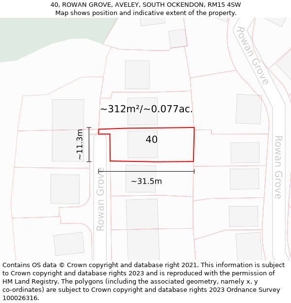 40, ROWAN GROVE, AVELEY, SOUTH OCKENDON, RM15 4SW: Plot and title map