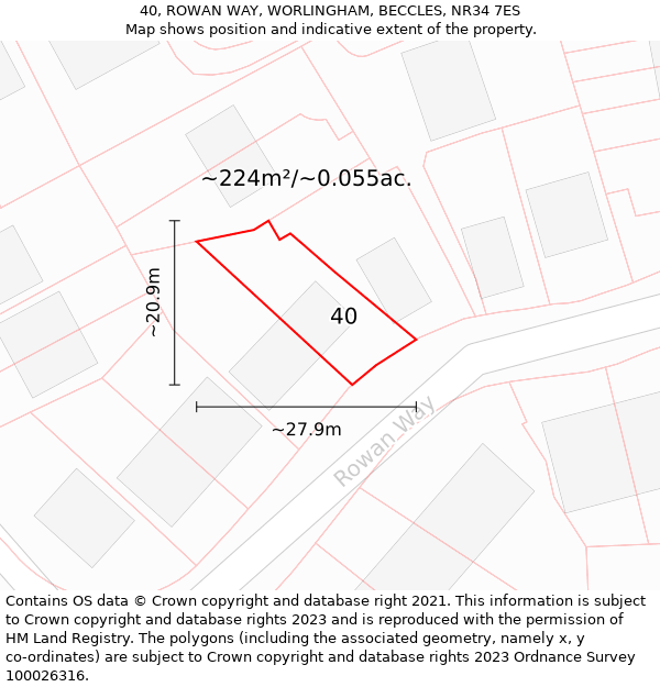 40, ROWAN WAY, WORLINGHAM, BECCLES, NR34 7ES: Plot and title map