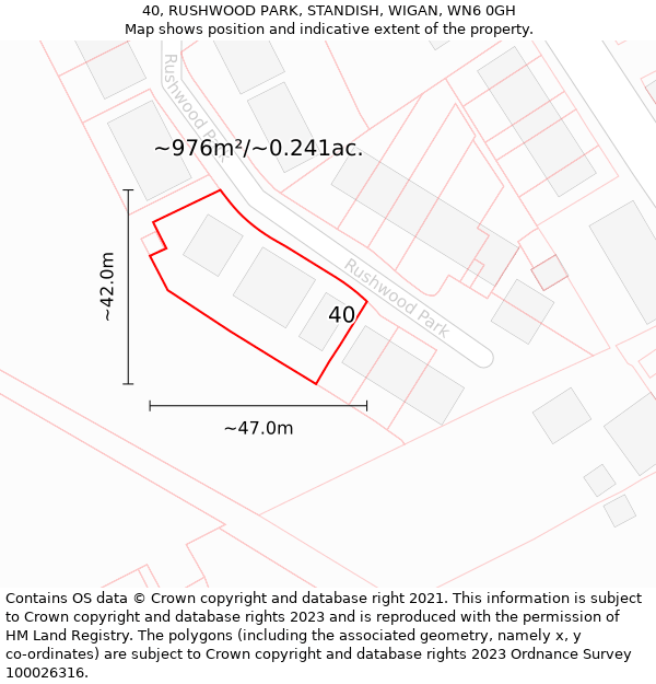 40, RUSHWOOD PARK, STANDISH, WIGAN, WN6 0GH: Plot and title map