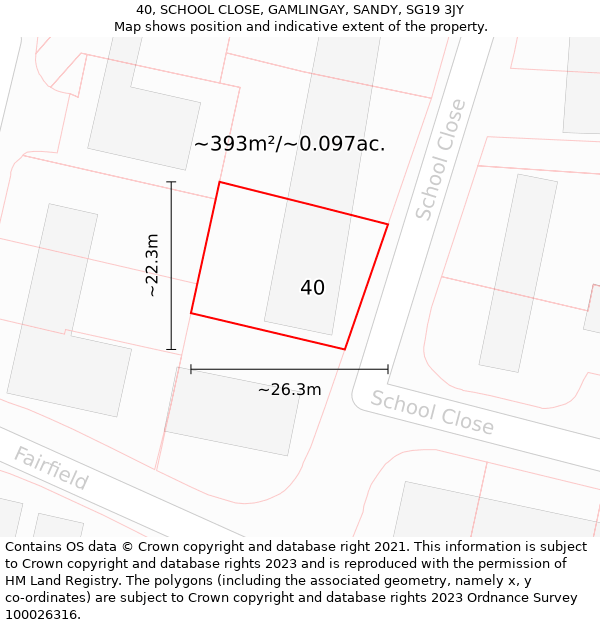 40, SCHOOL CLOSE, GAMLINGAY, SANDY, SG19 3JY: Plot and title map