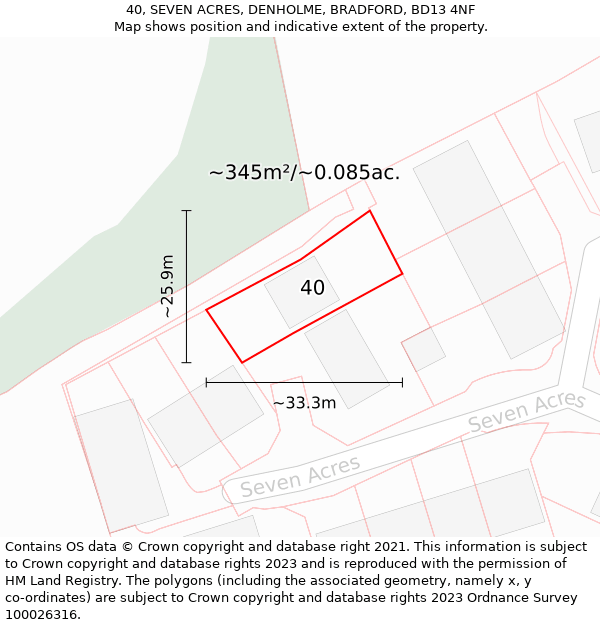 40, SEVEN ACRES, DENHOLME, BRADFORD, BD13 4NF: Plot and title map