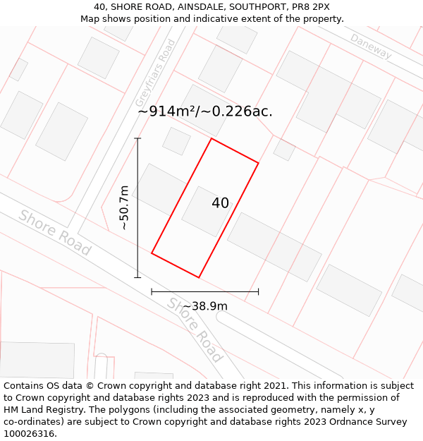 40, SHORE ROAD, AINSDALE, SOUTHPORT, PR8 2PX: Plot and title map